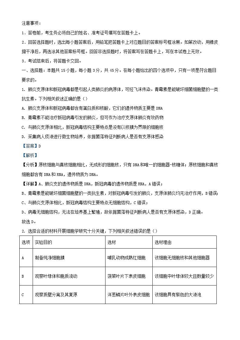 安徽省2024届高三生物下学期3月联考试题含解析第1页