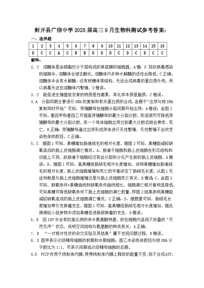 广东省广信中学2024-2025学年高三9月月考生物答案第1页