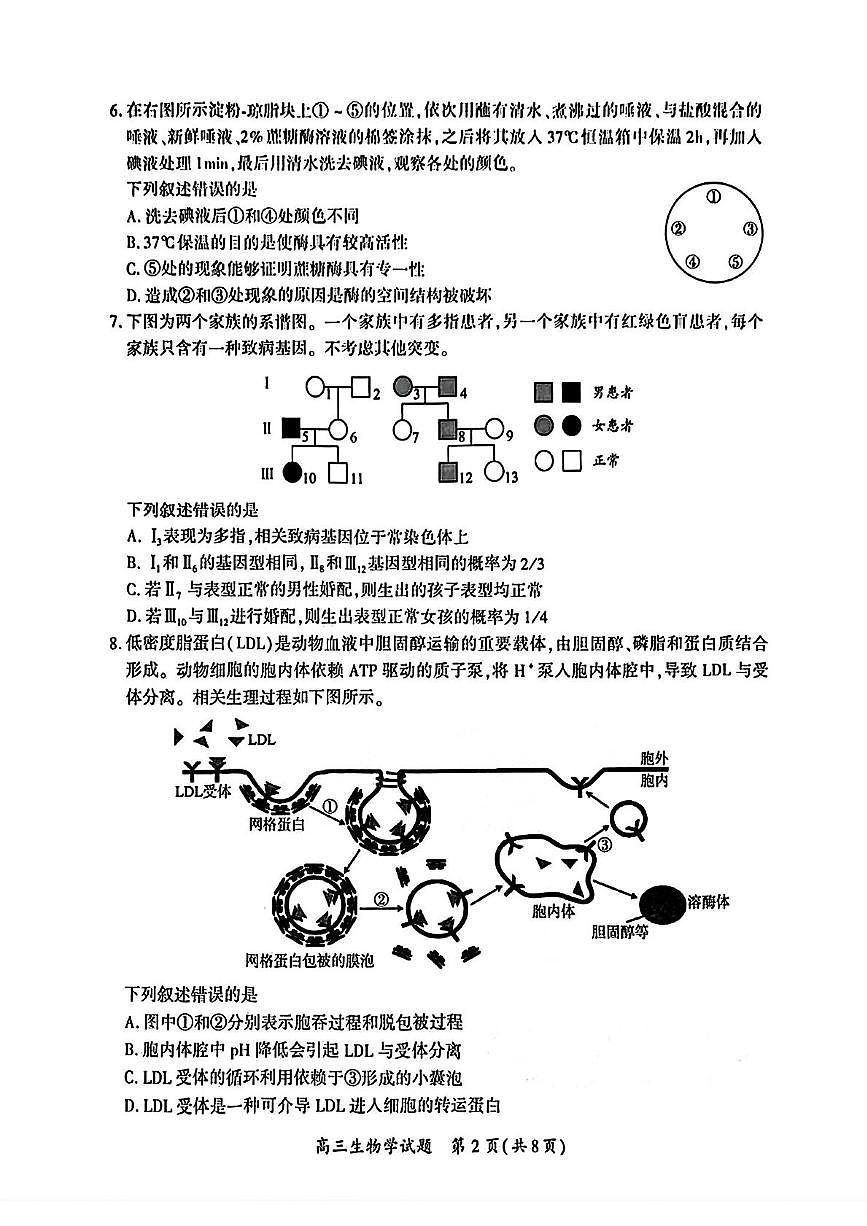 厦门市2025届高三毕业班高三下学期3月第二次质量检测生物试题第2页