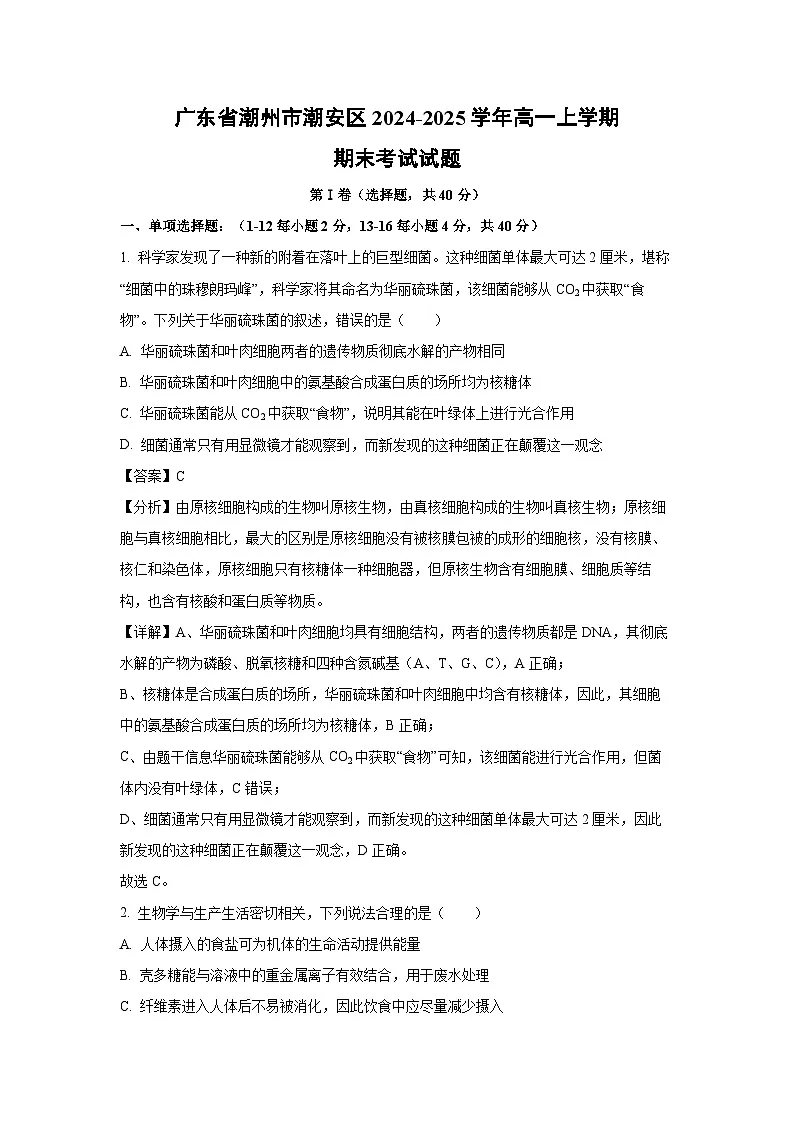广东省潮州市潮安区2024-2025学年高一上学期期末考试生物试卷（解析版）第1页