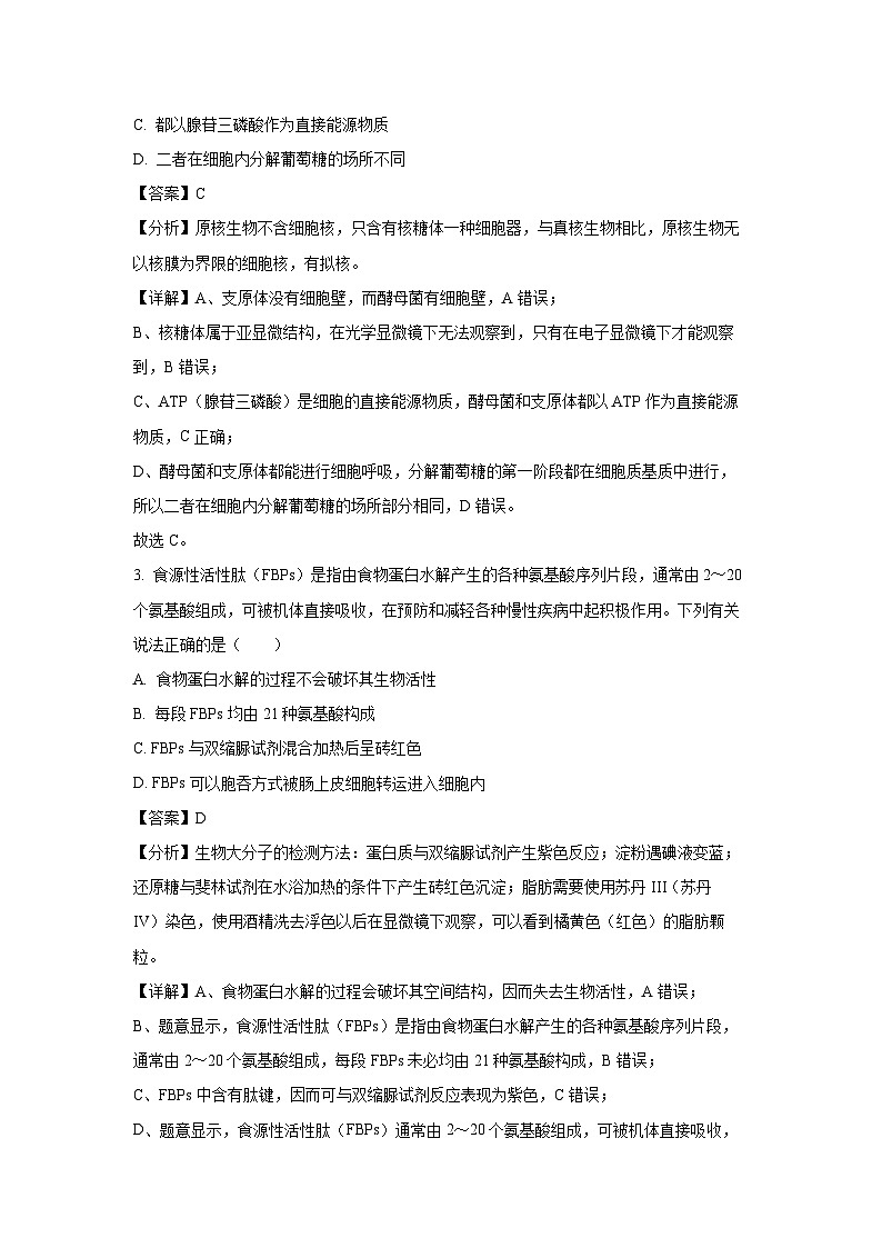 山东省济南市2024-2025学年高一上学期1月期末生物试题（解析版）第2页