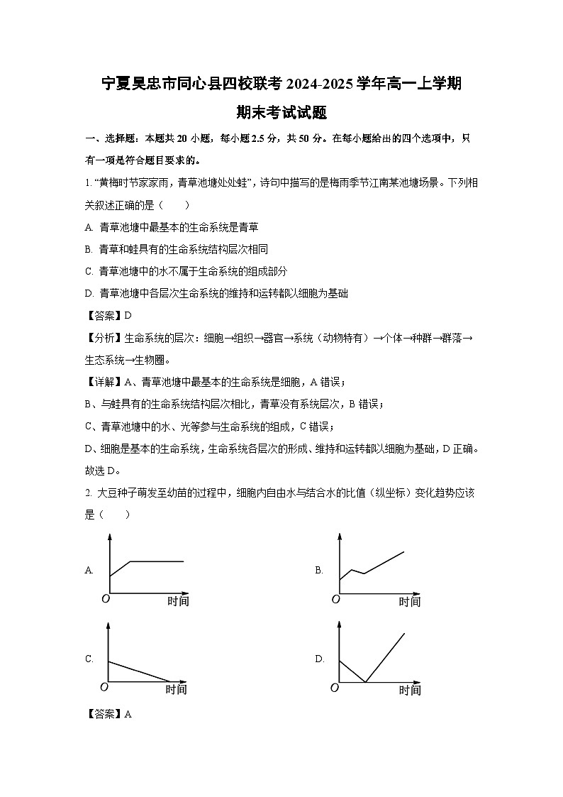 2024-2025学年宁夏吴忠市同心县四校联考高一上学期期末考试生物试卷（解析版）第1页