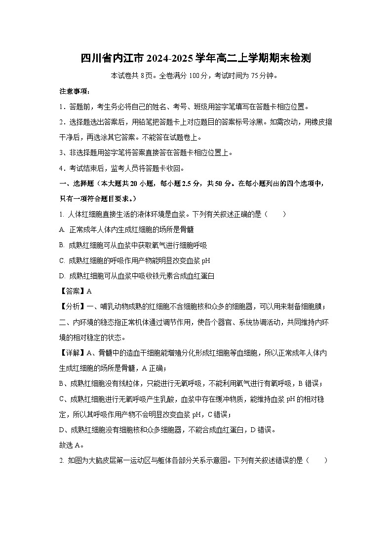 2024-2025学年四川省内江市高二上学期期末检测生物试卷（解析版）第1页