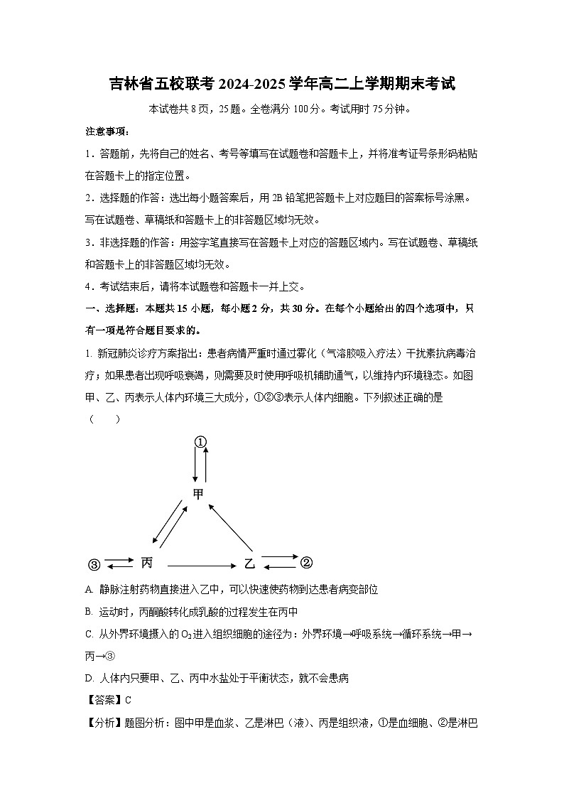 2024-2025学年吉林省五校联考高二上学期期末考试生物试卷（解析版）第1页
