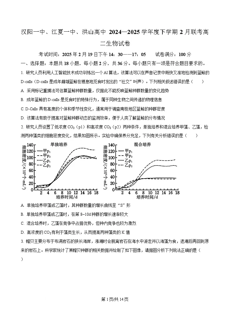 湖北省武汉市蔡甸区汉阳一中、江夏区第一中学、洪山高级中学2024-2025学年高二下学期2月联考生物试卷（原卷版）第1页
