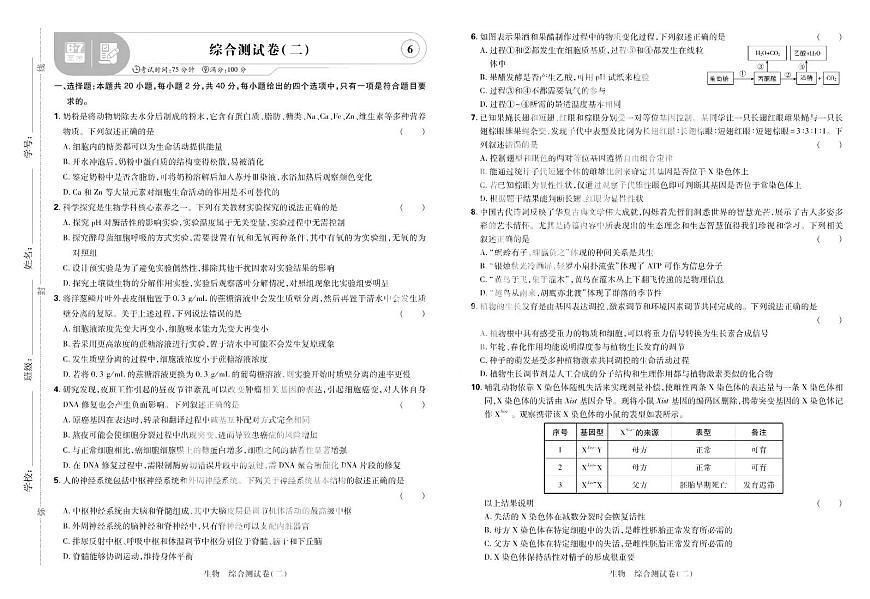 2025高考复习阶段检测卷-生物（六）+答案第1页