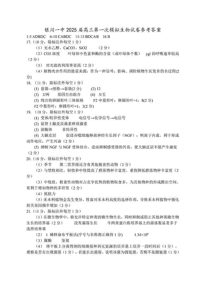 宁夏银川市第一中学2025届高三下学期3月一模试题生物答案第1页