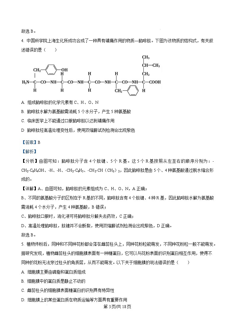 湖南省湘西州2024-2025学年高一上学期末考试生物试题 Word版含解析第3页