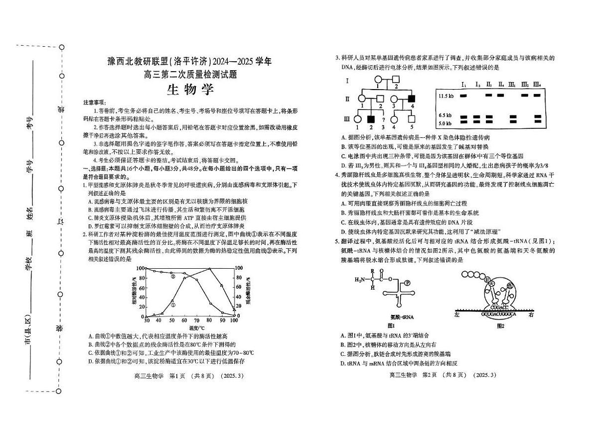2025河南省豫西北教研联盟（洛平许济）高三下学期第二次质量检测试题生物PDF版含答案第1页
