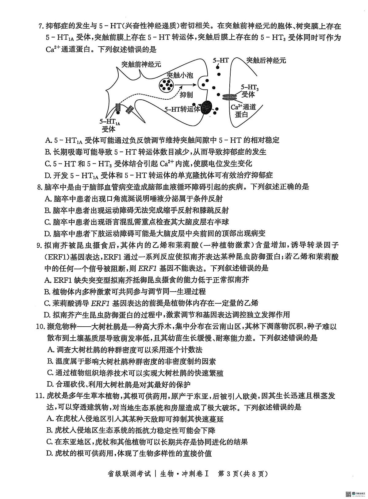 河北省2024-2025高三省级联测考试生物+答案第3页