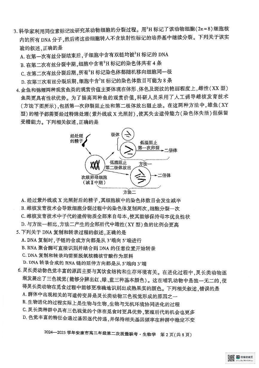 陕西省安康市2025届高三下学期第二次质量联考（二模）生物试题（含答案)第2页