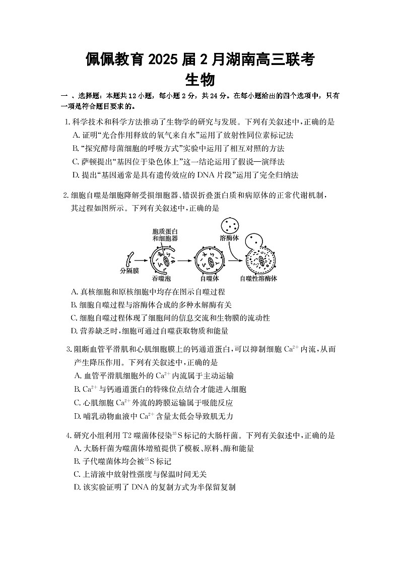 湖南省佩佩教育2025届高三下学期2月开学联考试题  生物  图片版无答案第1页