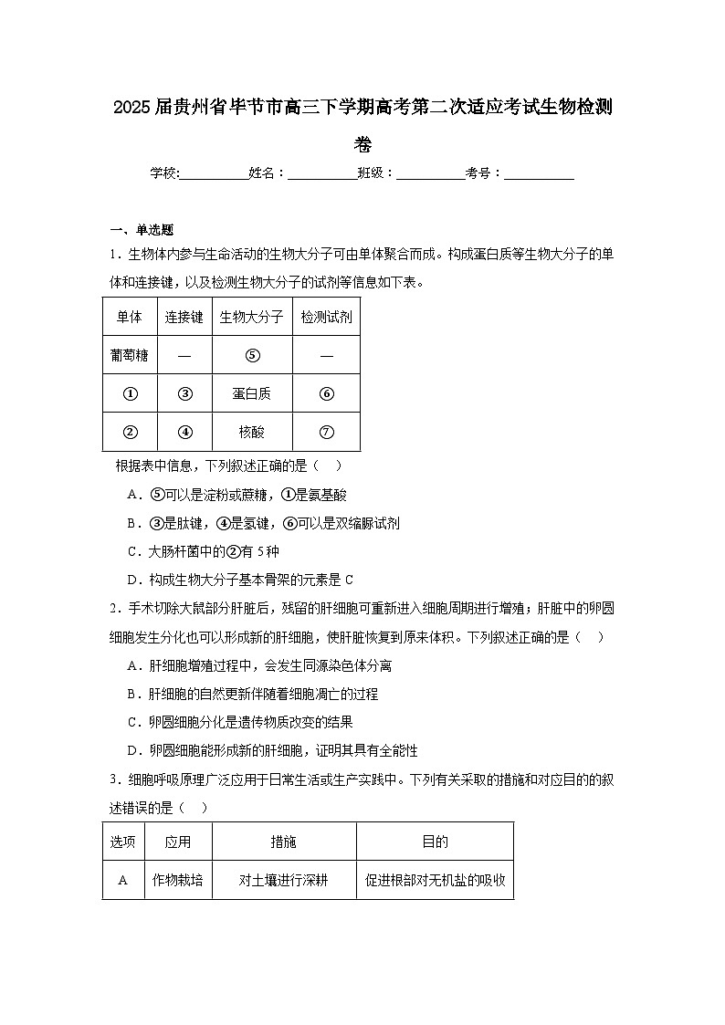 2025届贵州省毕节市高三下学期高考第二次适应考试生物检测卷第1页