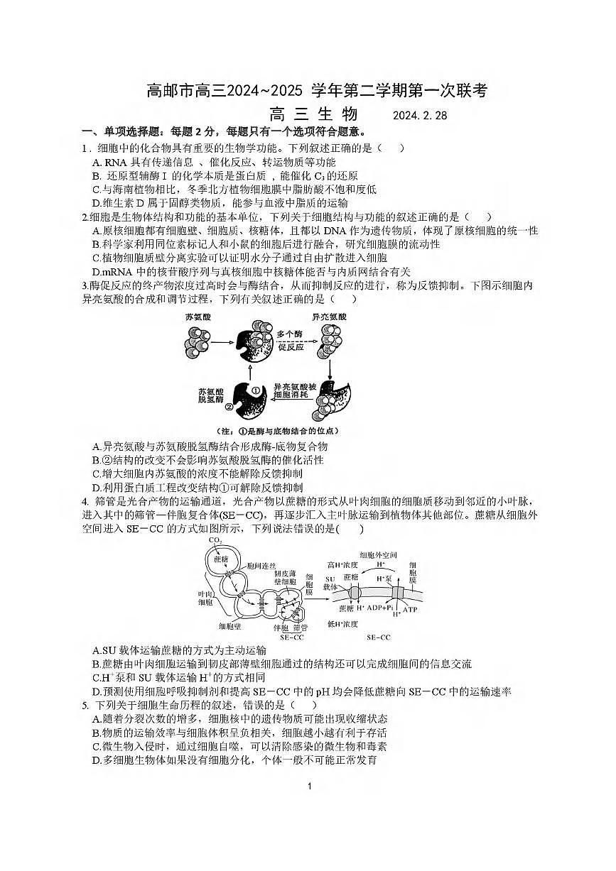 生物丨江苏省高邮市2025届高三下学期3月第一次联考生物试卷及答案第1页