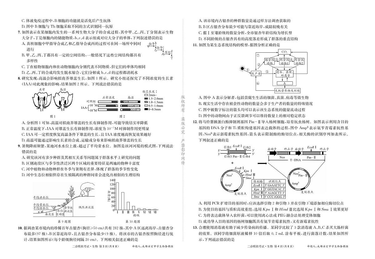 生物丨四川省成都石室中学高2025届高三下学期3月二诊模拟考试生物试卷及答案第2页