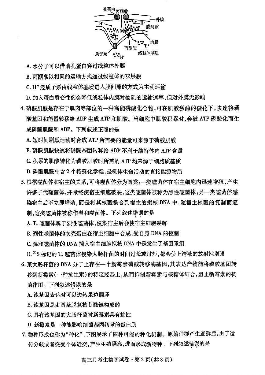 2025年甘肃省高三下学期3月月考生物试题及答案第2页