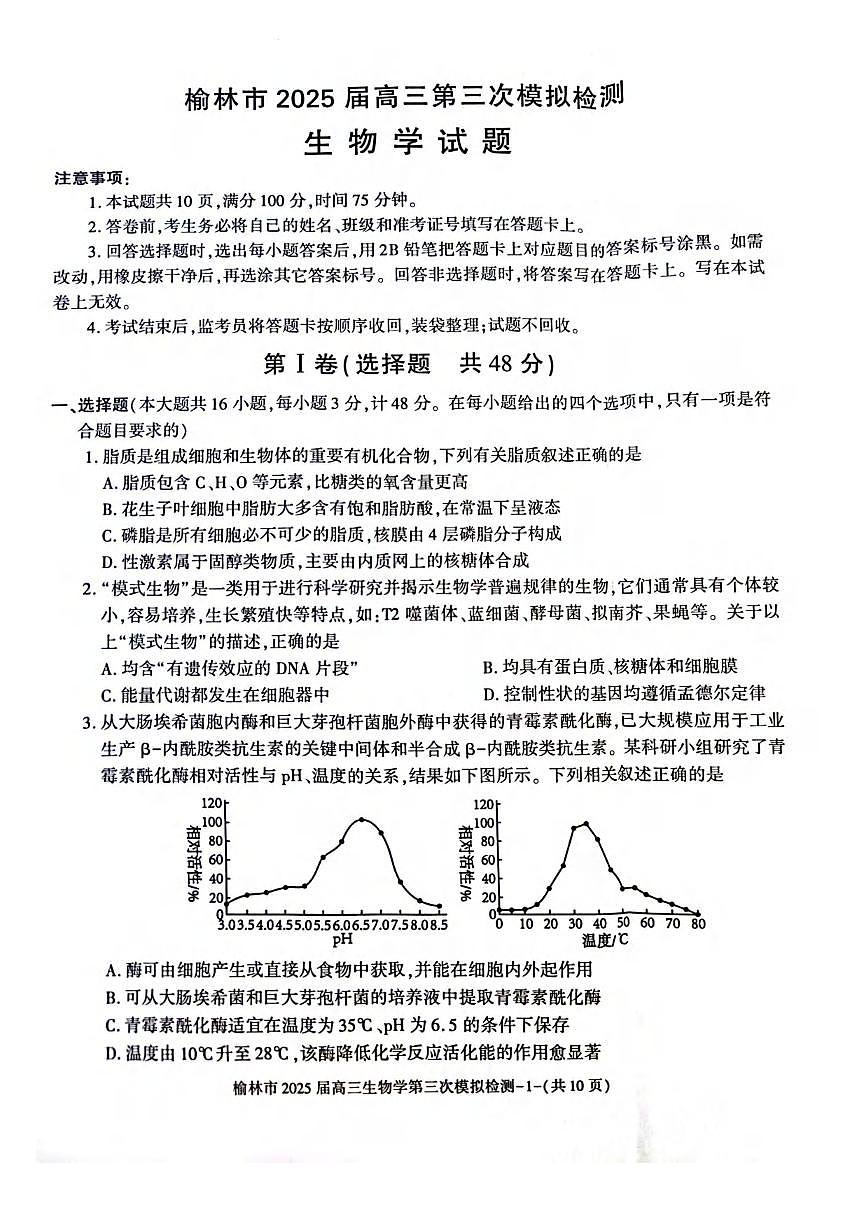生物丨陕西省榆林市2025届高三下学期3月第三次模拟检测（榆林三模）生物试卷及答案第1页