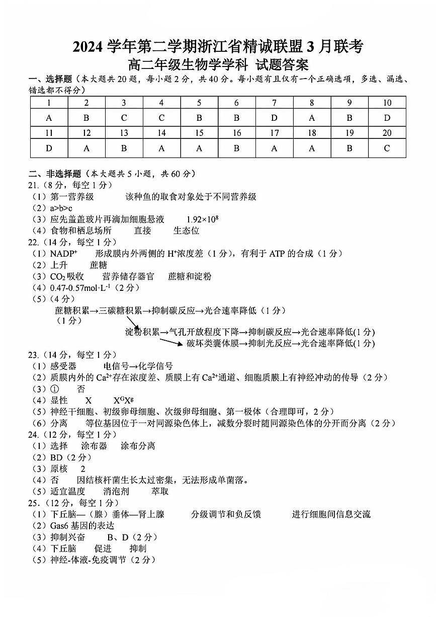 高二年级生物学学科试题答案第1页