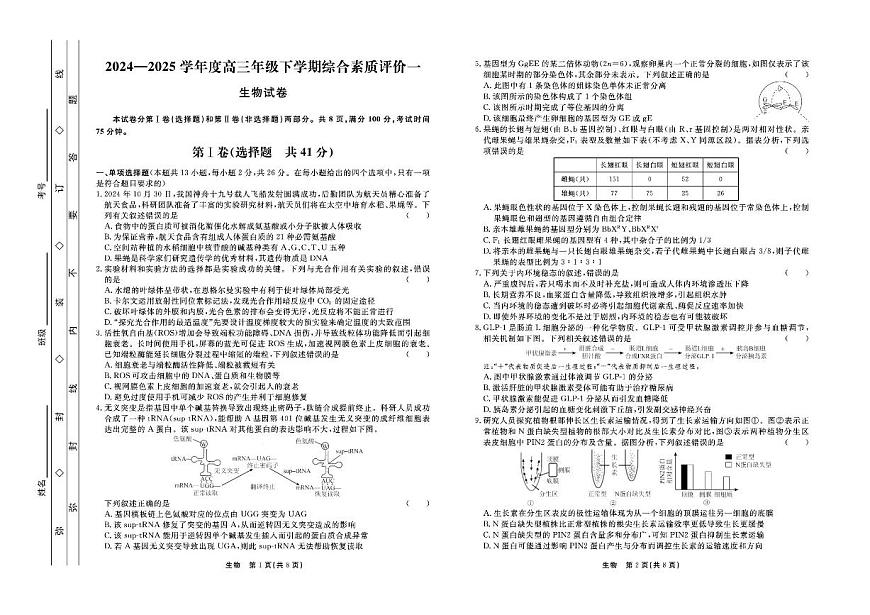 河北省衡中同卷2025届高三下学期3月综合素质评价（一） 生物含答案第1页