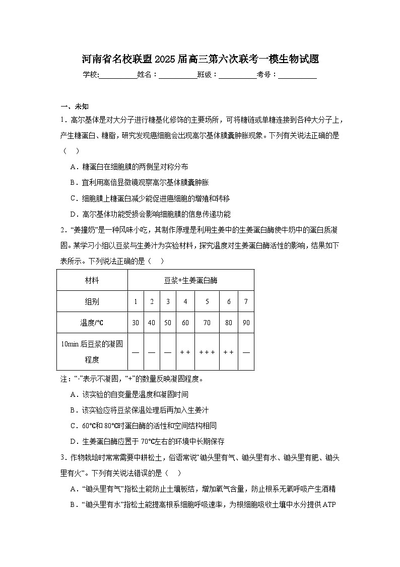 河南省名校联盟2025届高三第六次联考一模生物试题第1页