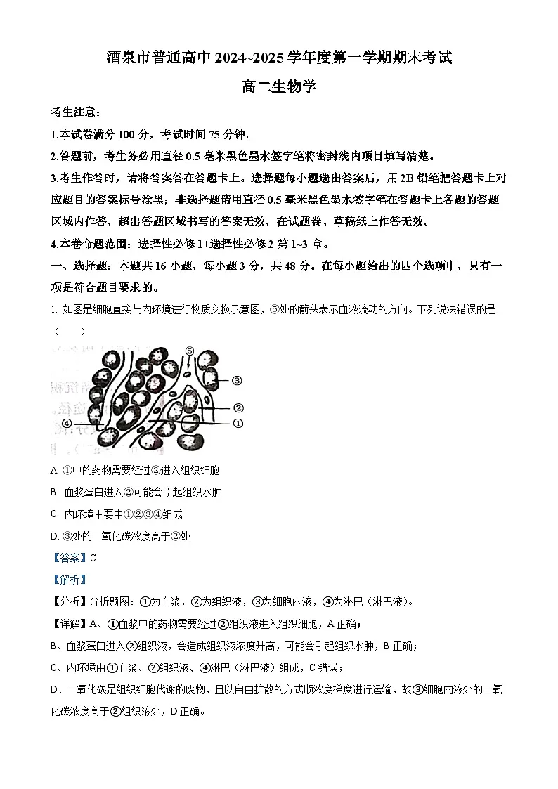 甘肃省酒泉市2024-2025学年高二上学期期末考试生物试题 含解析第1页