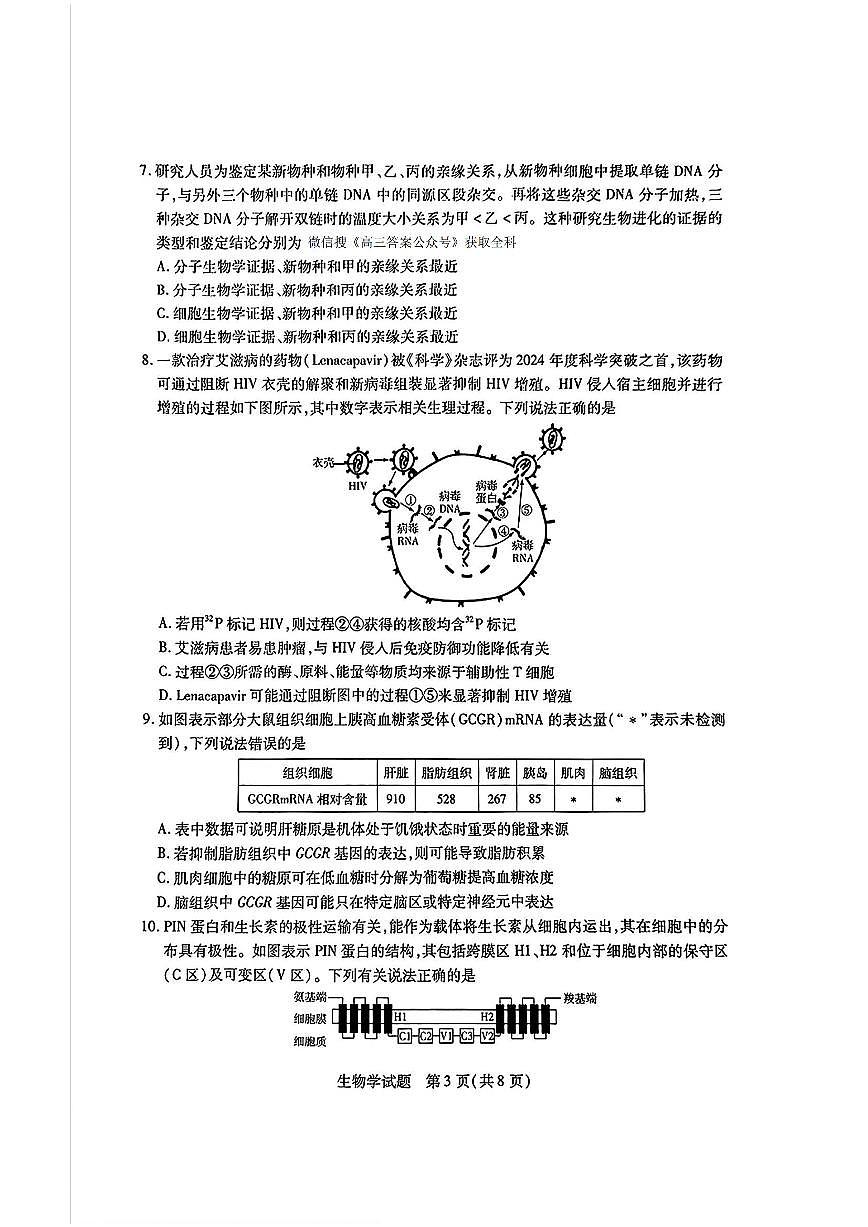 2025年天一高考高三下学期3月适应性（六）生物试题及答案第3页