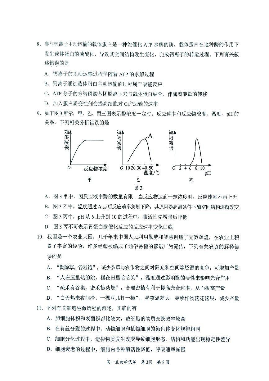 广东省梅州市2024-2025学年高一上学期1月期末生物试题 第3页
