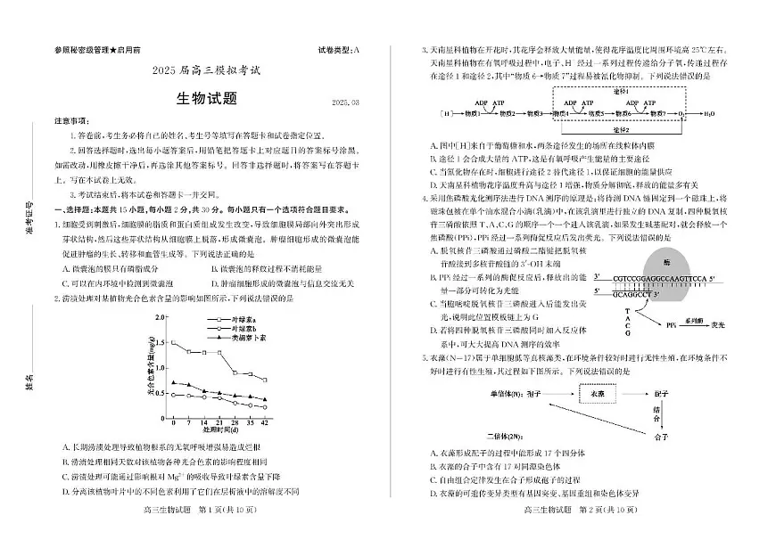 山东省枣庄市2025届高三下学期高考二模生物试题（含答案）第1页