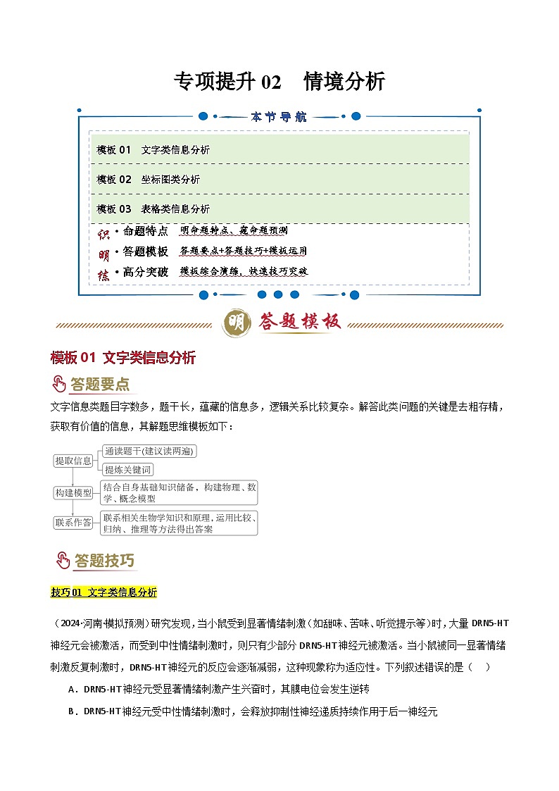 2025年高考生物答题技巧与模板构建 专项提升02 情境分析（3大模板）（原卷版）第1页