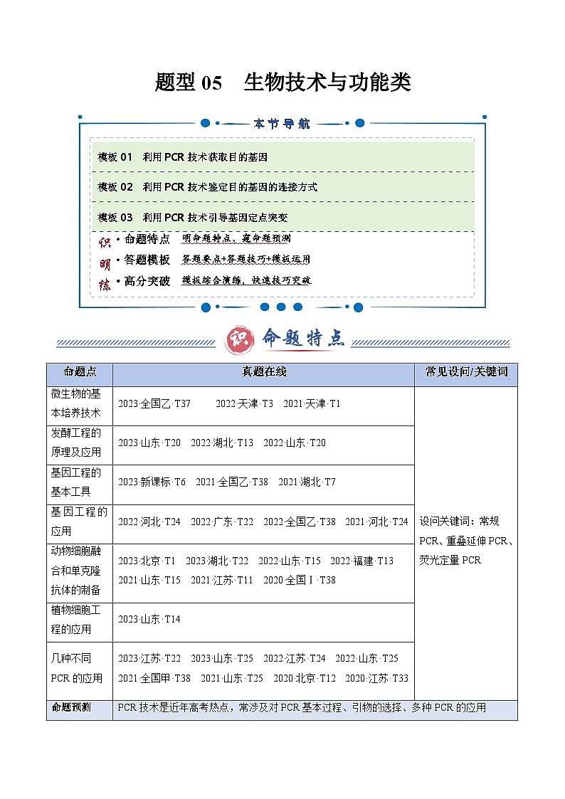 2025年高考生物答题技巧与模板构建 题型05 生物技术与功能类(3大模板）（原卷版）第1页