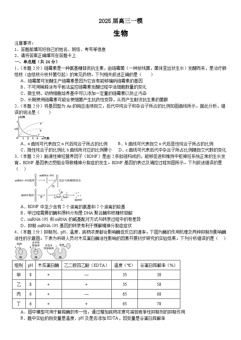 2025届湖南省常德市桃源县湖南省桃源县第一中学高三下学期一模生物试题第1页