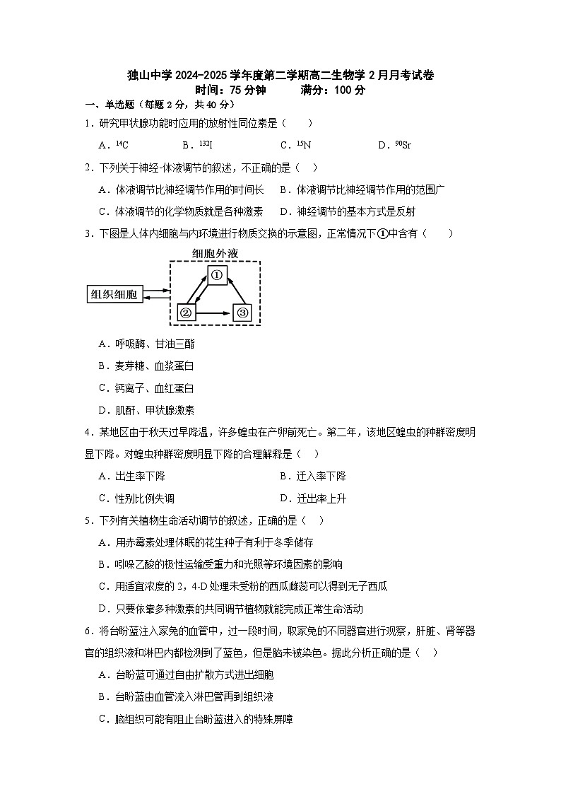 安徽省六安市独山中学2024-2025学年高二下学期2月月考生物学试题（含答案）第1页