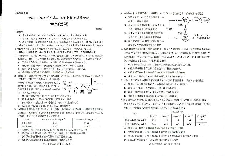 山东省菏泽市2024-2025学年高二上学期1月期末考试  生物（含答案）第1页