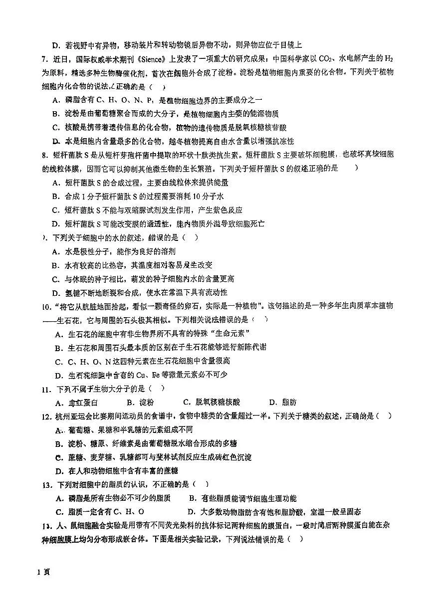 广东省广州市三校2024-2025学年高一上学期期中联考生物试题第2页