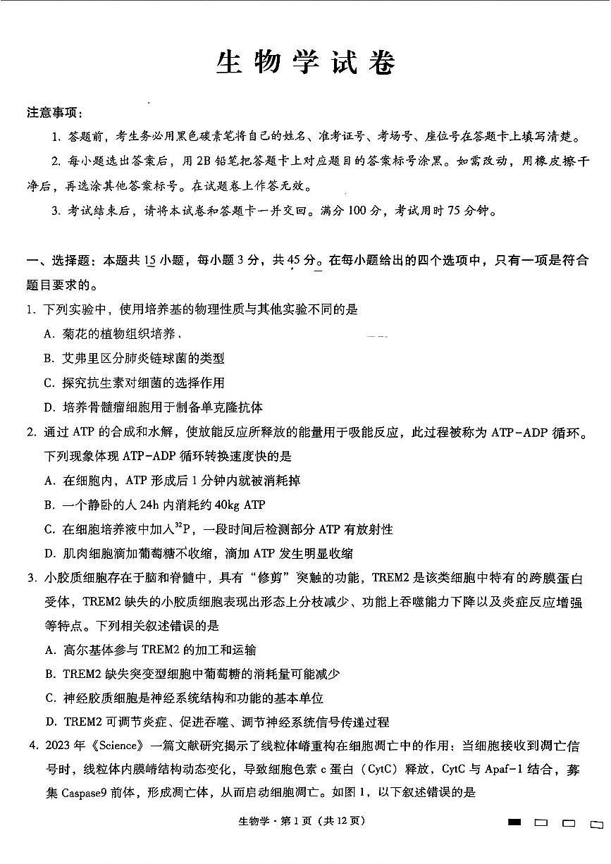 重庆市第八中学2025届高三3月适应性月考卷（六）生物第1页