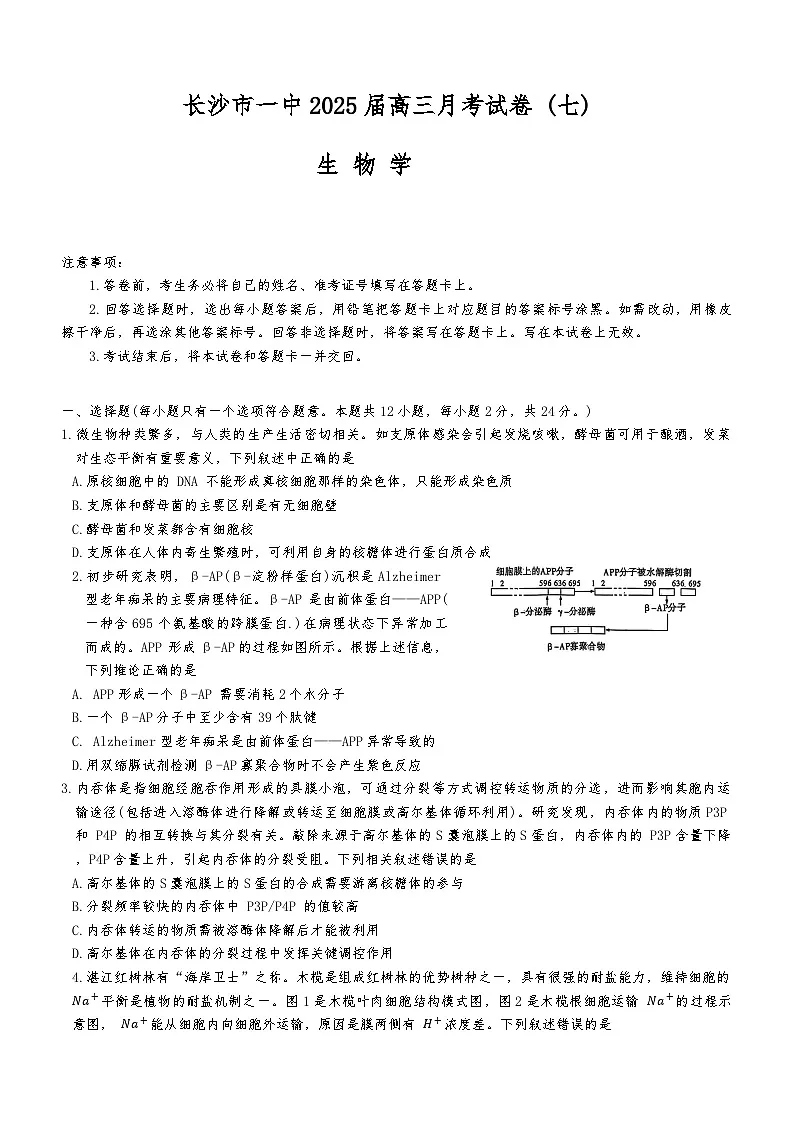 湖南省长沙市开福区湖南省长沙市第一中学2024-2025学年高三下学期3月月考生物试题第1页