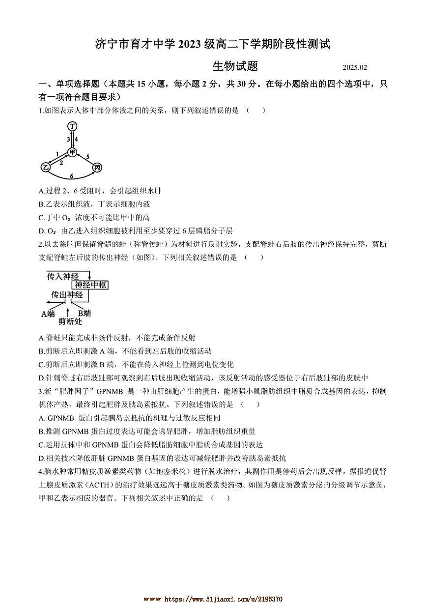 2024～2025学年山东省济宁育才中学高二下2月考生物试卷(含答案)第1页