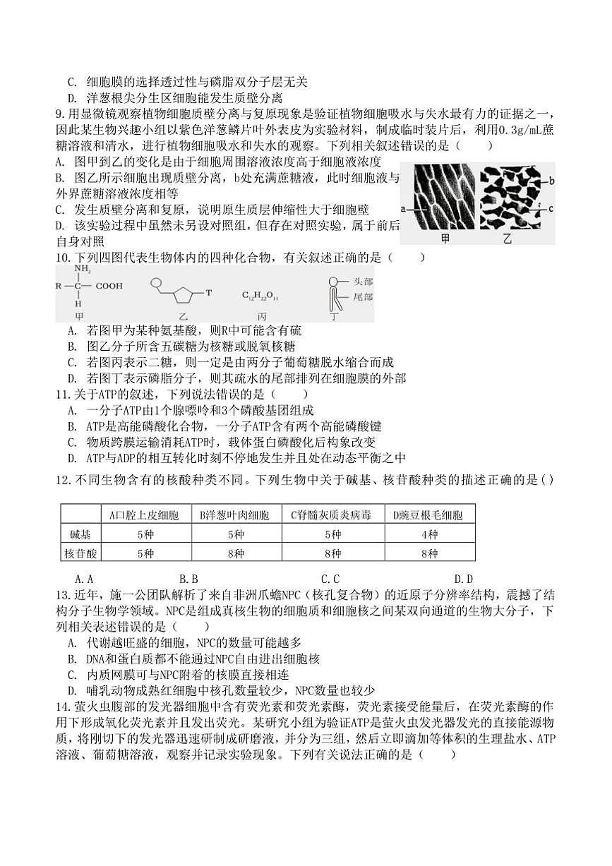 2024～2025学年重庆市复旦中学教育集团高一下开学定时作业生物试卷(含答案)第2页