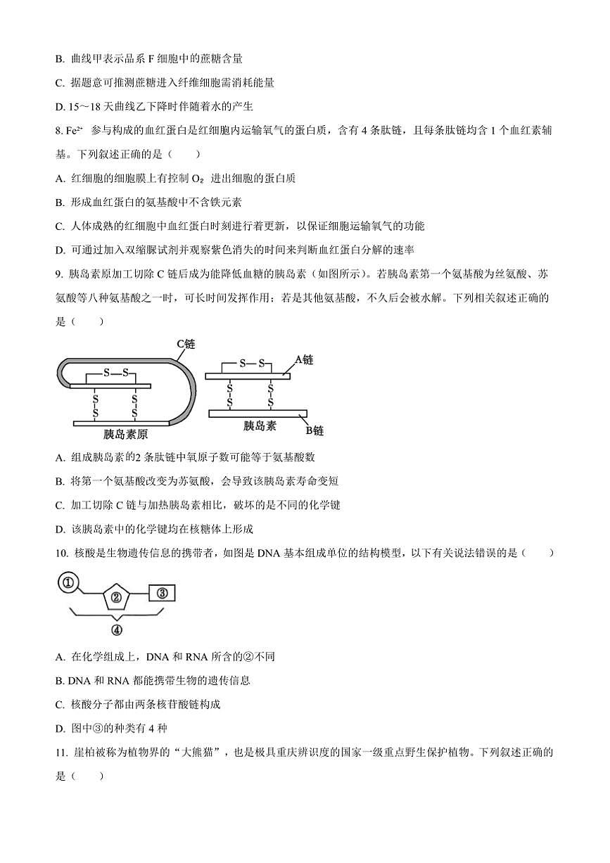 2024～2025学年重庆市巴蜀中学校高一上期末考试生物试卷(含答案)第3页
