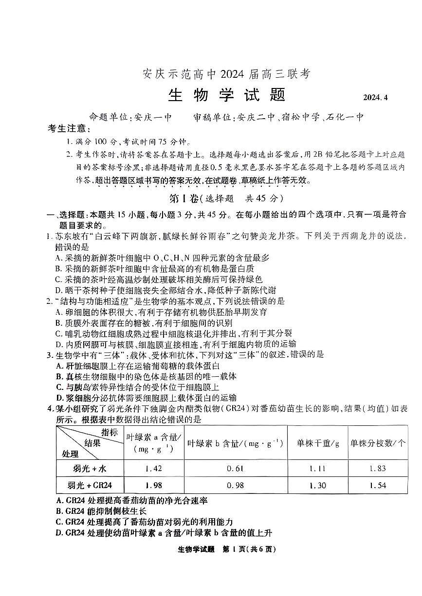 2024届安徽省安庆示范高中高三联考试卷-生物（含答案）第1页
