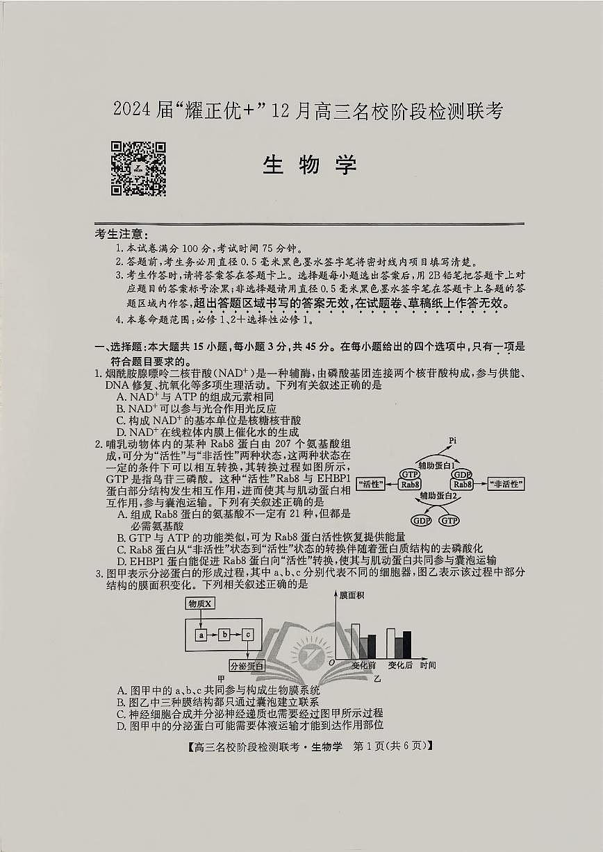 2024届高三上学期(12月考)生物试题（含答案）第1页