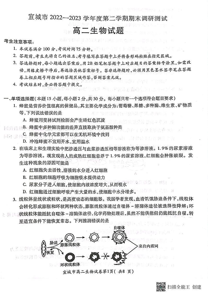 2024届安徽宣城高二下（期末考）-生物试题（含答案）第1页