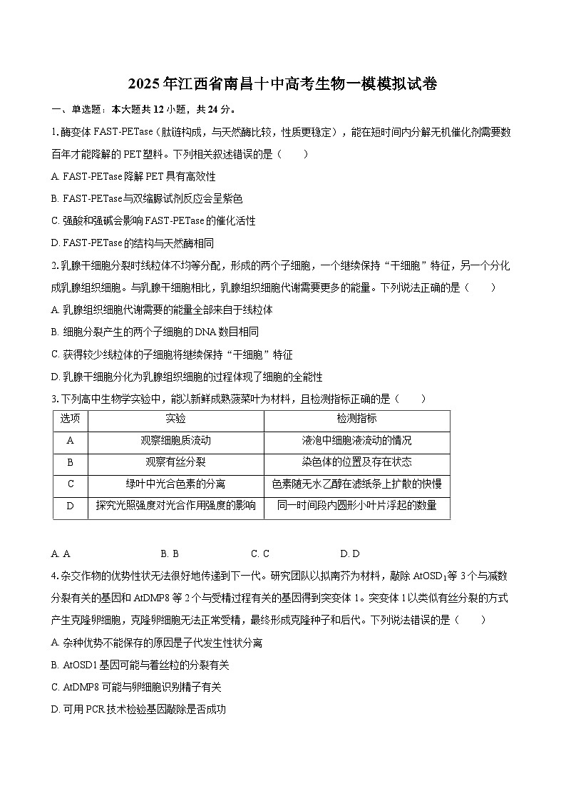 2025届江西省南昌十中高三一模生物试题第1页