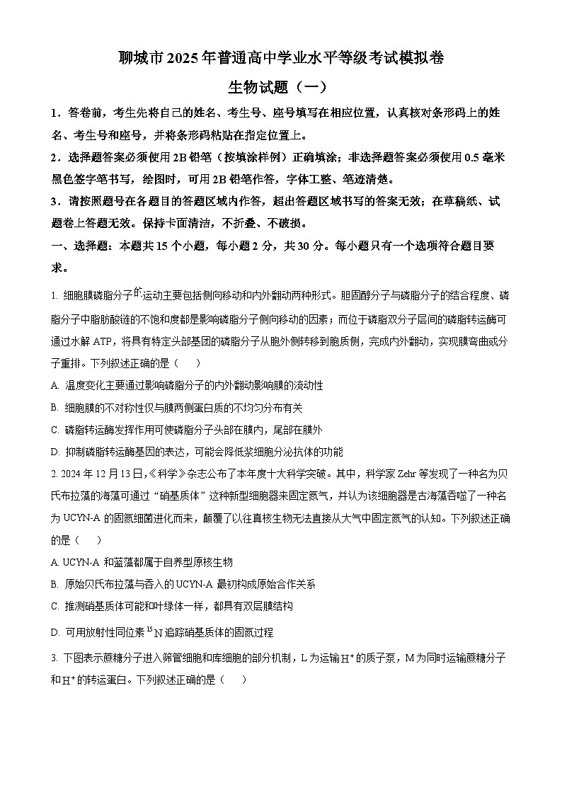2025年山东省聊城市高三下学期一模生物试题（原卷版）第1页
