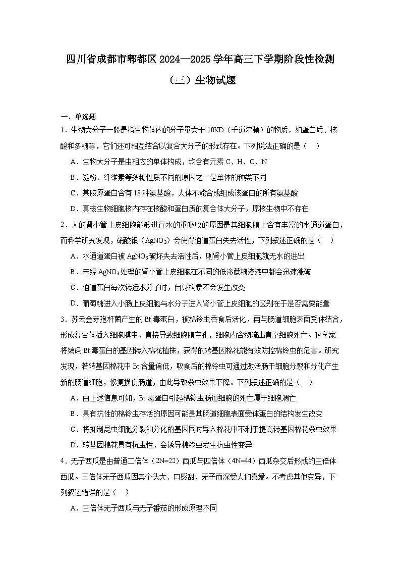 四川省成都市郫都区2024—2025学年高三下学期阶段性检测（三）生物试题第1页