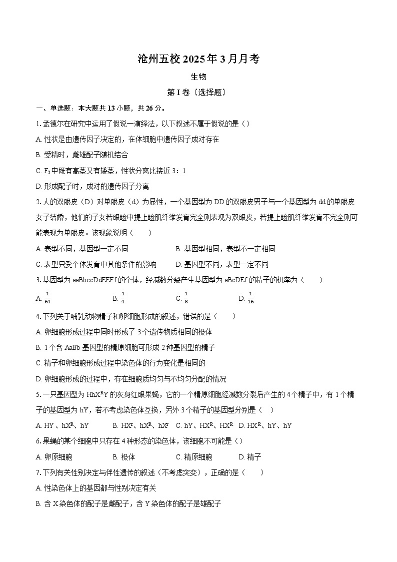 河北省沧州市五校2024-2025学年高一下学期3月联考生物试题（Word版附答案）第1页