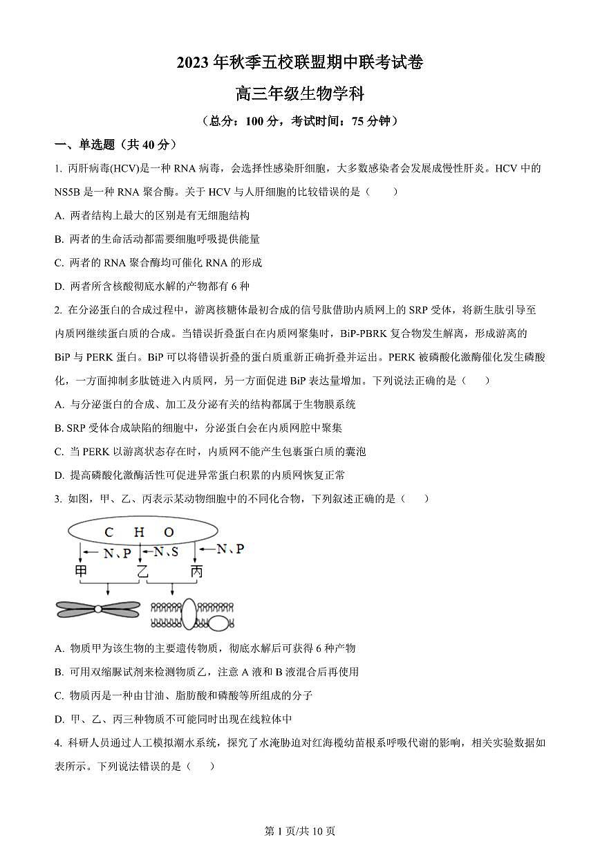 2024届福建省莆田市五校联考高三上(11月期中)-生物试题（含答案）第1页