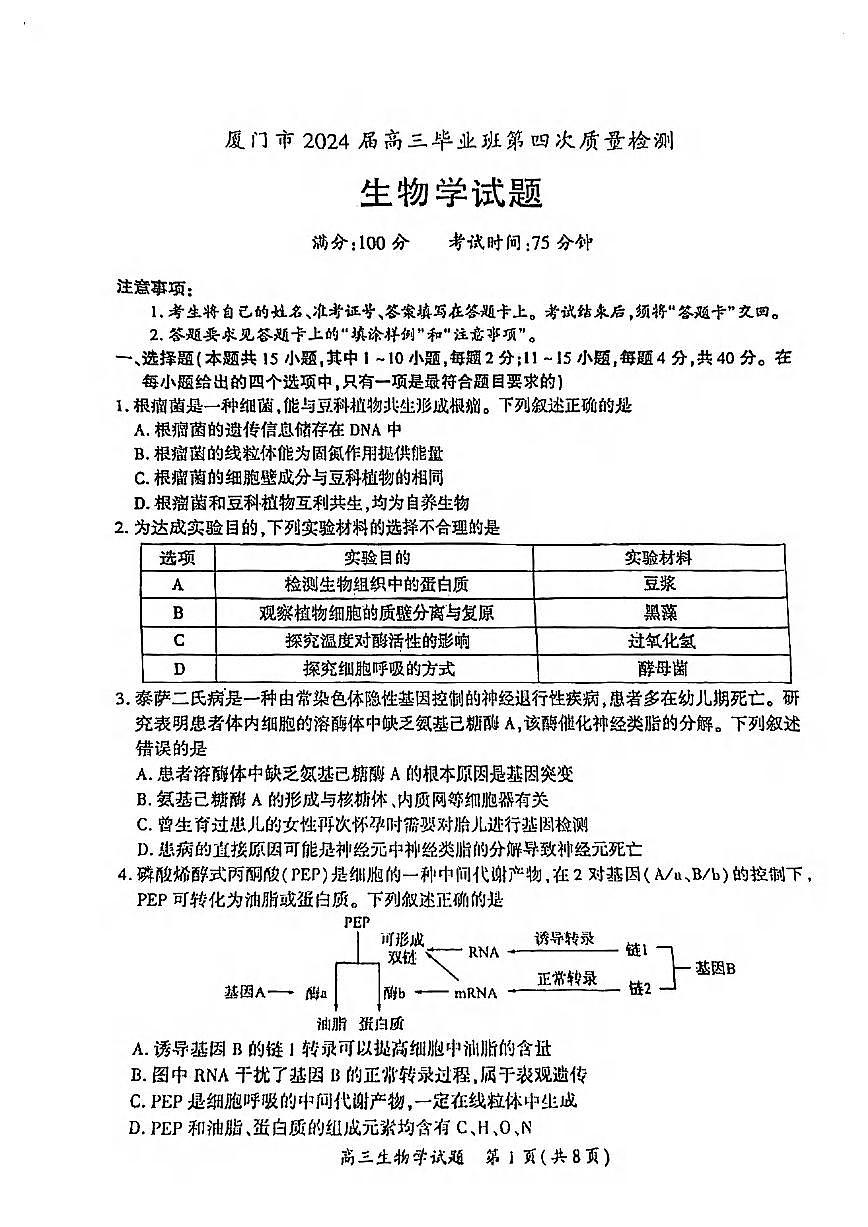 2024届福建省厦门市高三四模试卷-生物（含答案）第1页