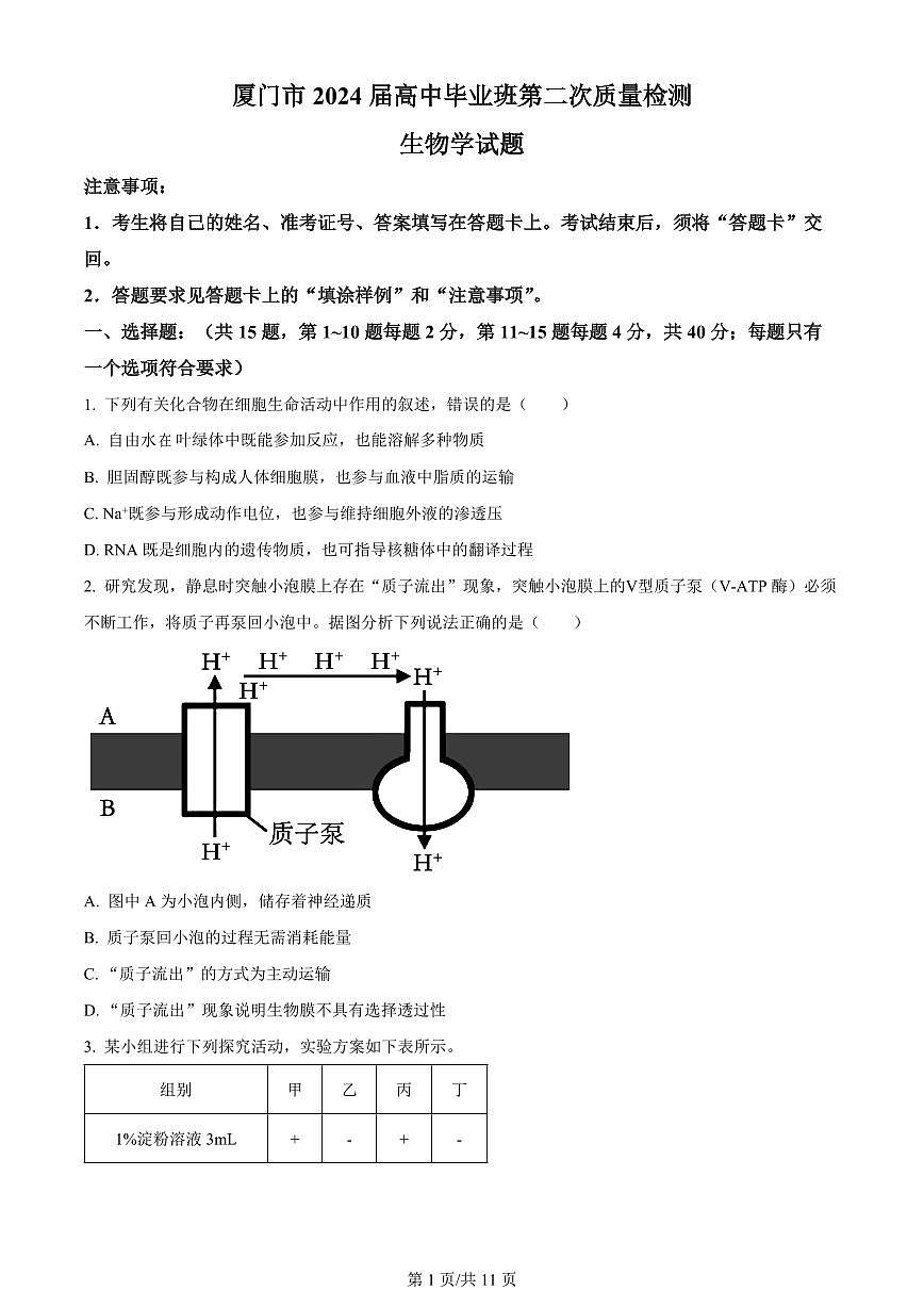 2024届福建省厦门市高三下学期第二次质量检测卷(3月)-生物（含答案）第1页