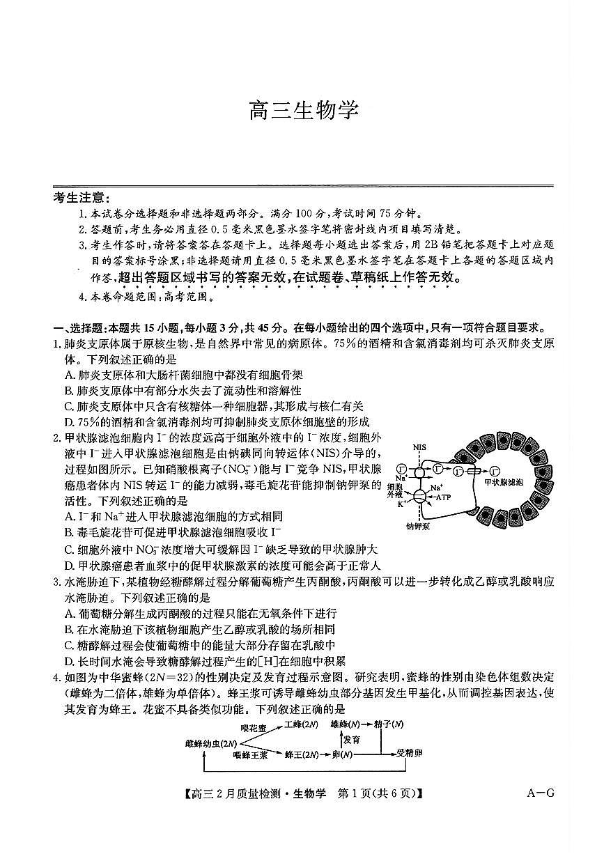 九师联盟2025届高三2月质量检测巩固卷 生物（含答案）第1页